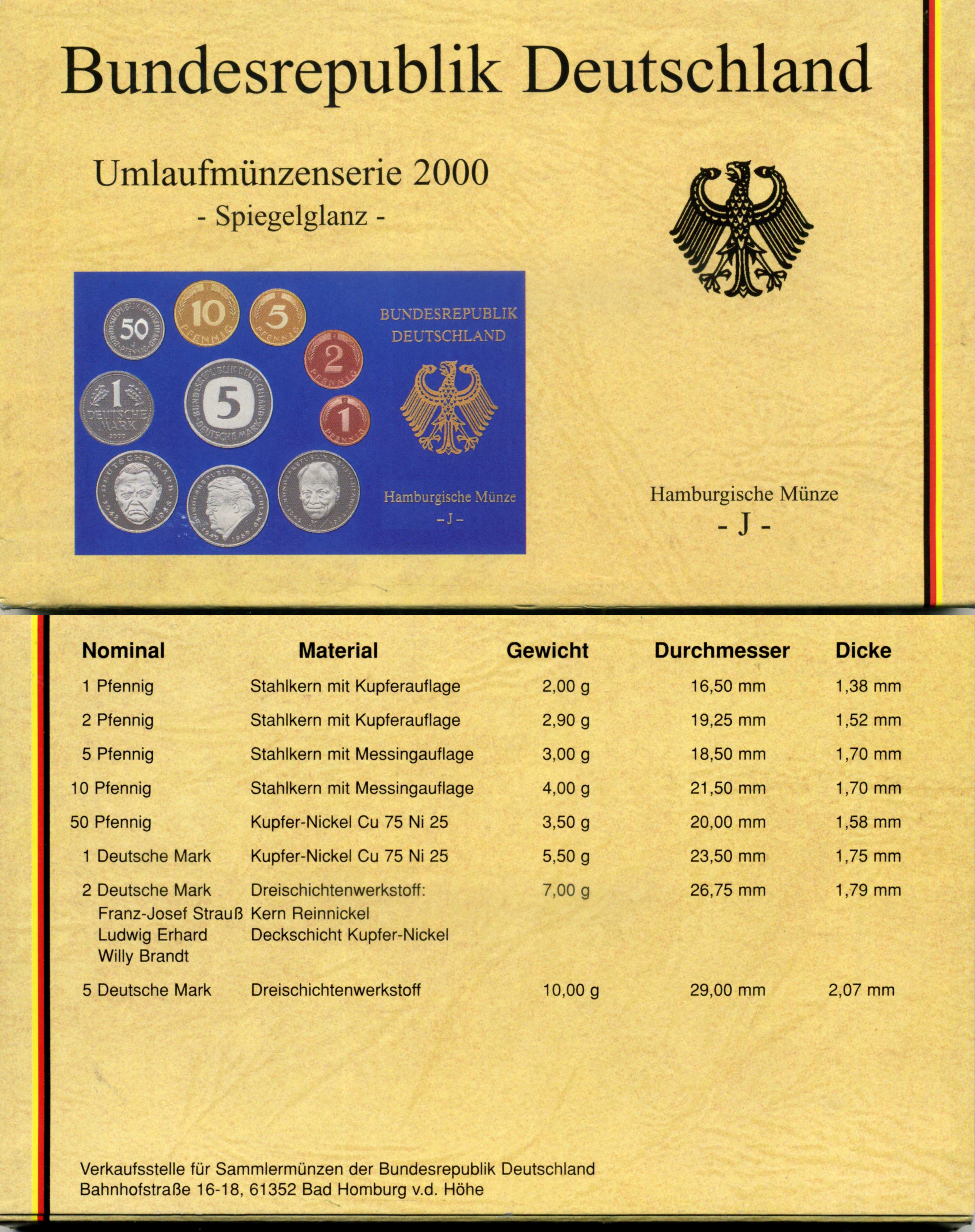 Германия государственный набор из 10 монет 2000 J, в оригинальной бановской упаковке PROOF 5-6-4-02