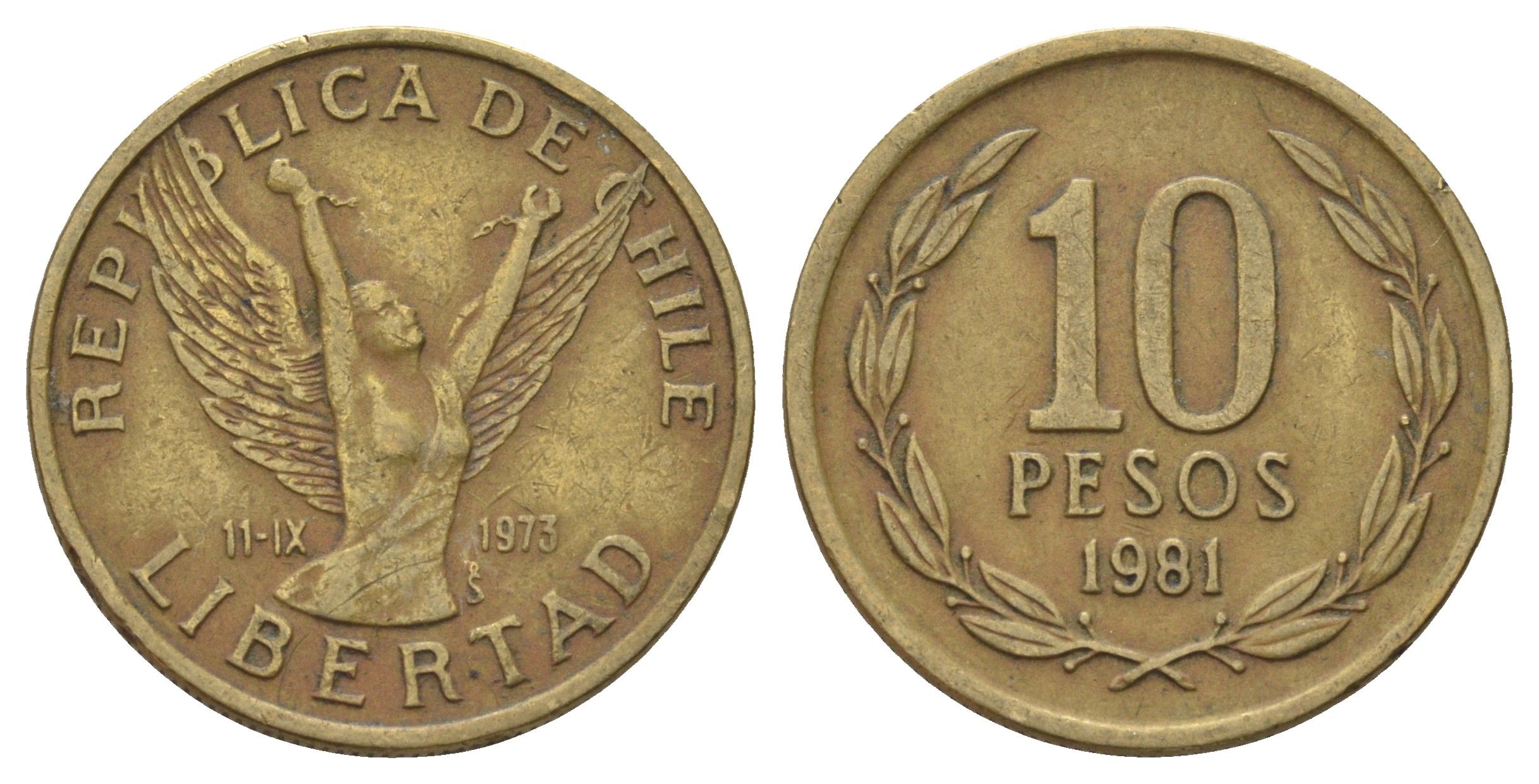 Чили 10 песо 1981 KM 218 латунь 4155-121
