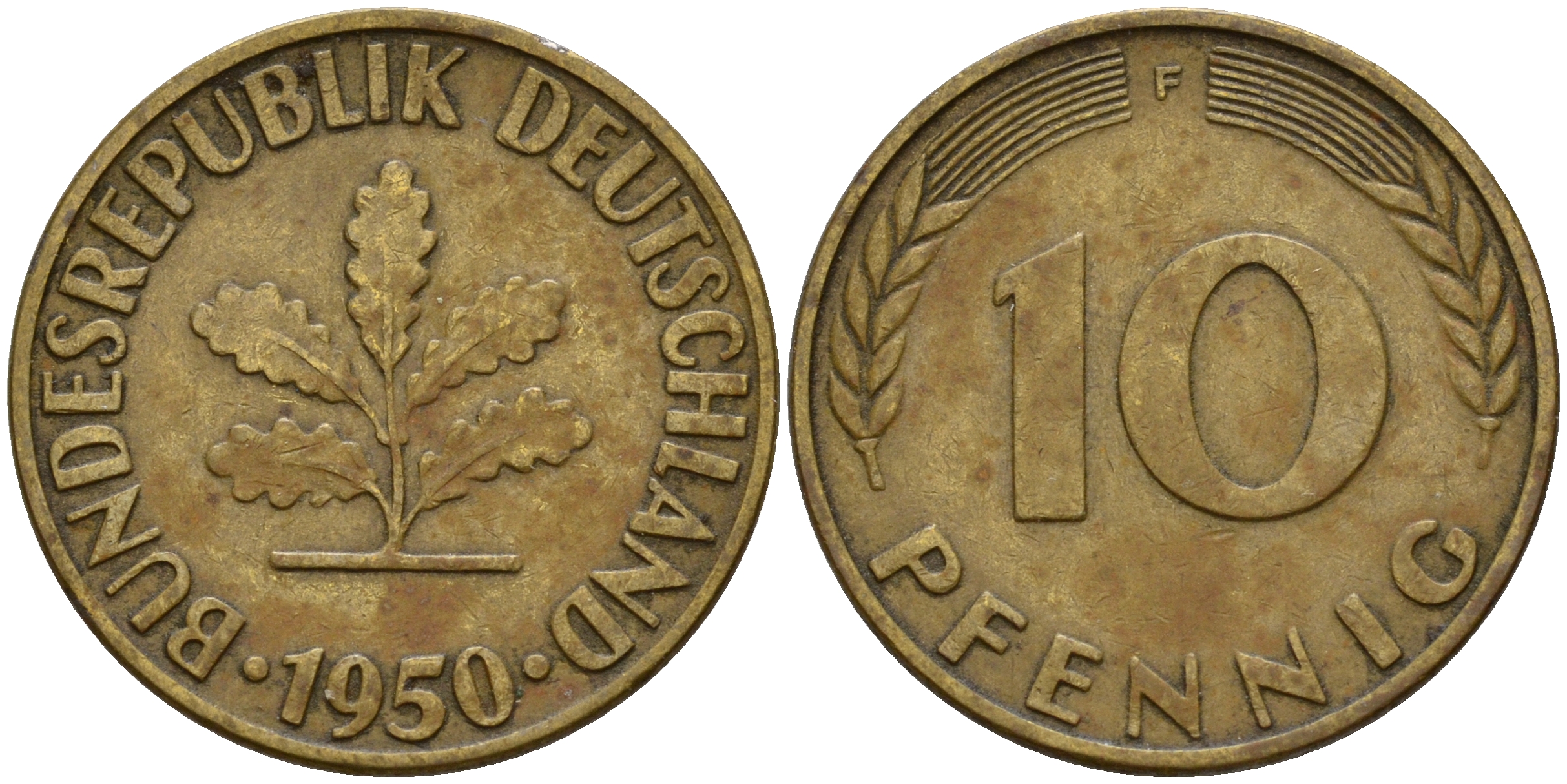 ФРГ 10 пфеннигов 1950 F J. 383, KM 108 сталь плакированная латунью    4603-321