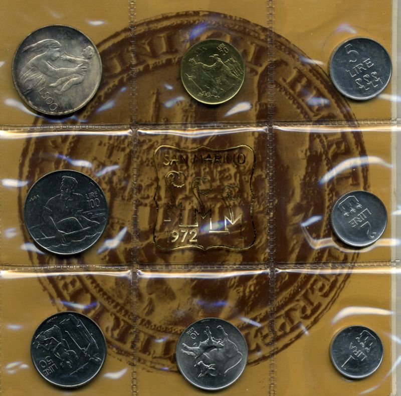 Сан-Марино годовой набор из 8 монет 1972 1, 2, 5, 10, 20, 50, 100 и 500 лир мать поднимает ребенка в воздух KM 14-21, в оригинальной пластиковой запайке серебро KM MS1 серебро UNC 7-5-1-9