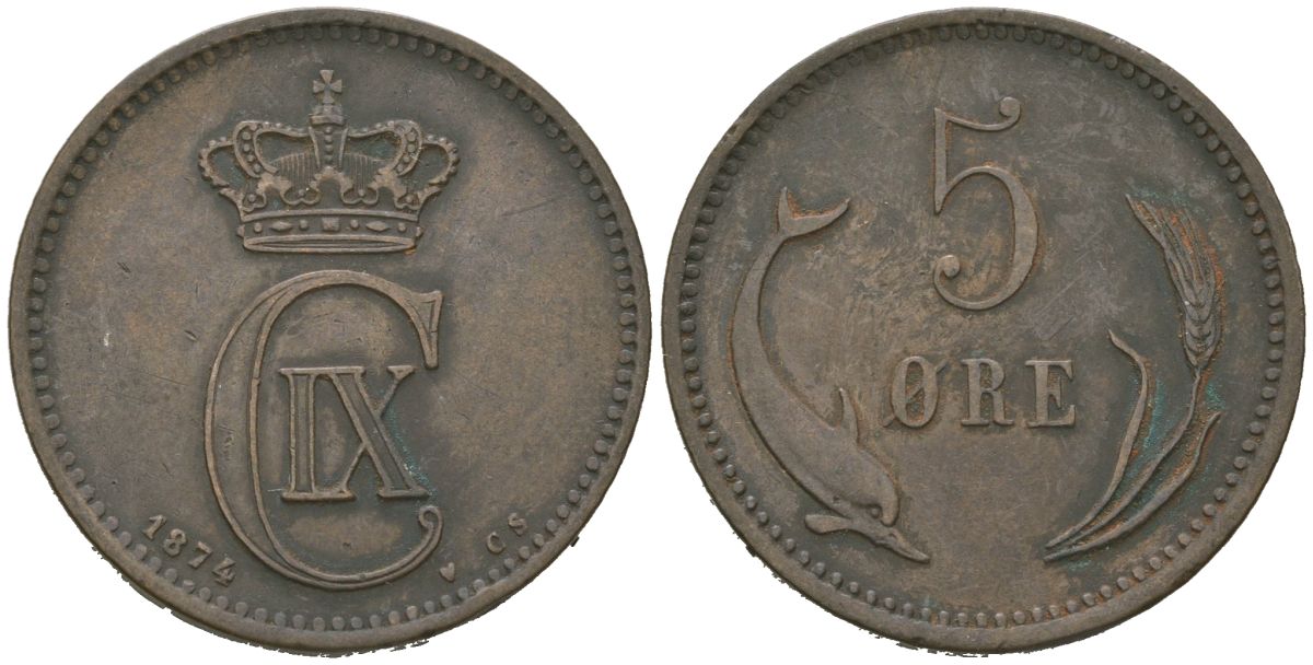 Дания 5 эре 1874 CS, Кристиан IX (1863-1906) KM 794 бронза 4171-834
