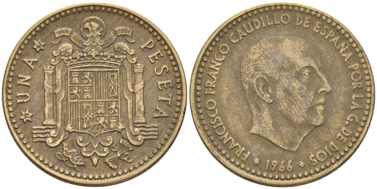 Испания 1 песета 1966 (67) Франсиско Франко (1939-1975) KM 796 алюминиевая бронза 4604-341