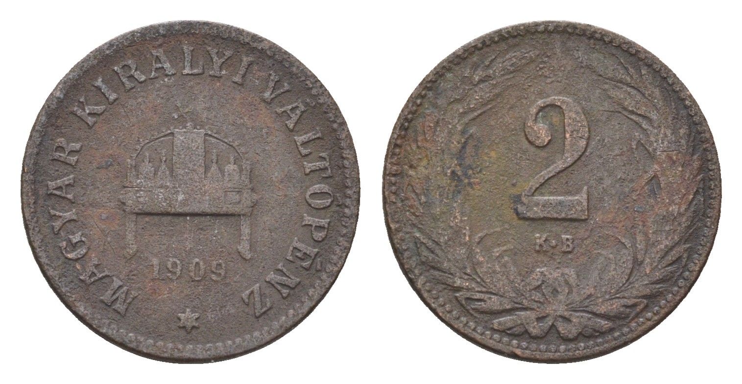 Венгрия 2 филлера 1909 KB, Франц Иосиф I (1848-1916) KM 481 бронза 4664-825