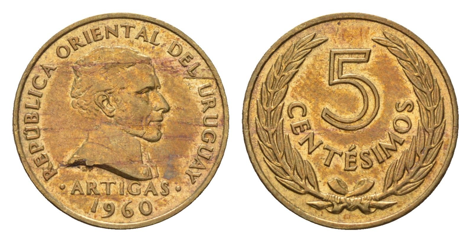 Уругвай 5 сентесимо 1960 KM 38 никель латунь 75-1147