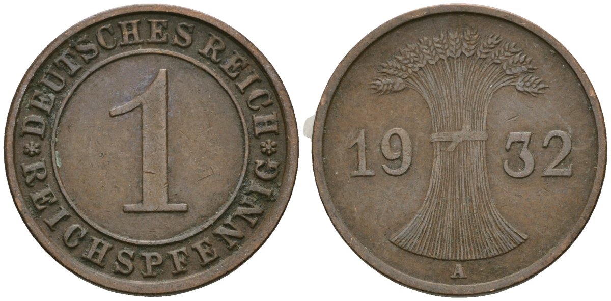 Германия 1 рейхспфенниг 1932 A KM 37, J. 313 бронза 4189-1141
