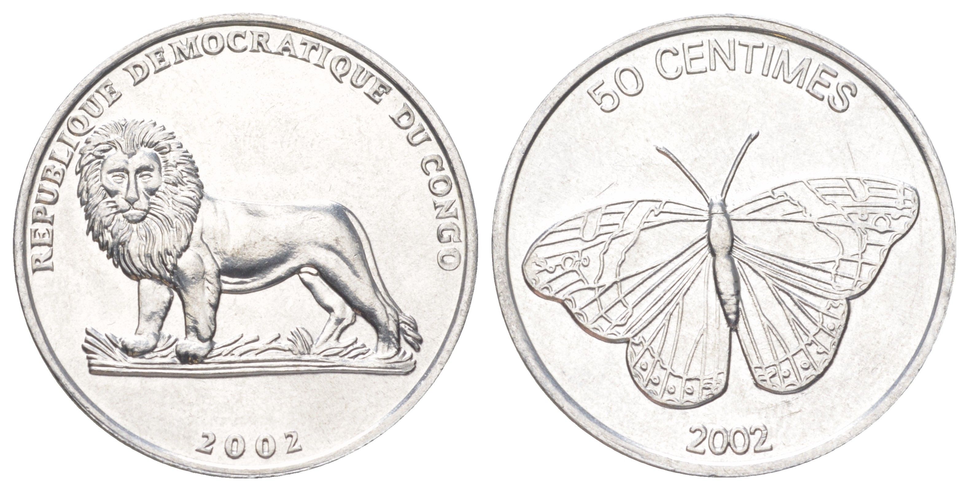 ДР Конго 50 сантимов 2002 Животные - Бабочка KM 80 алюминий UNC 4619-113