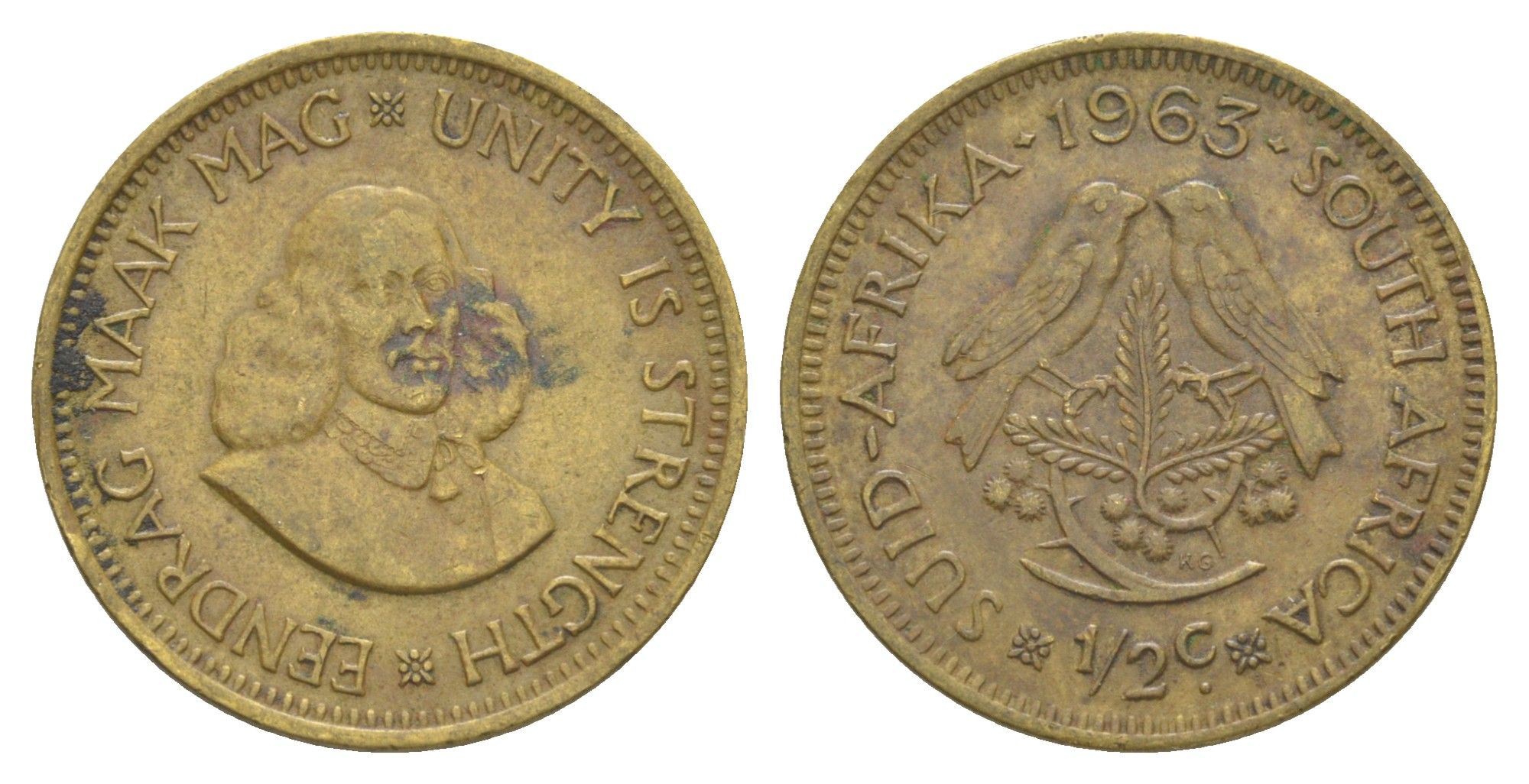 ЮАР 1/2 цента 1963 Ян ван Рибек KM 56 латунь 4603-422