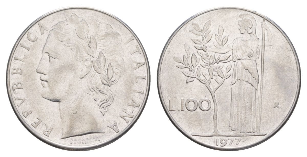 Италия 100 лир 1977 R, Афина у оливкого дерева KM 96.1 нержавеющая сталь 4633-755