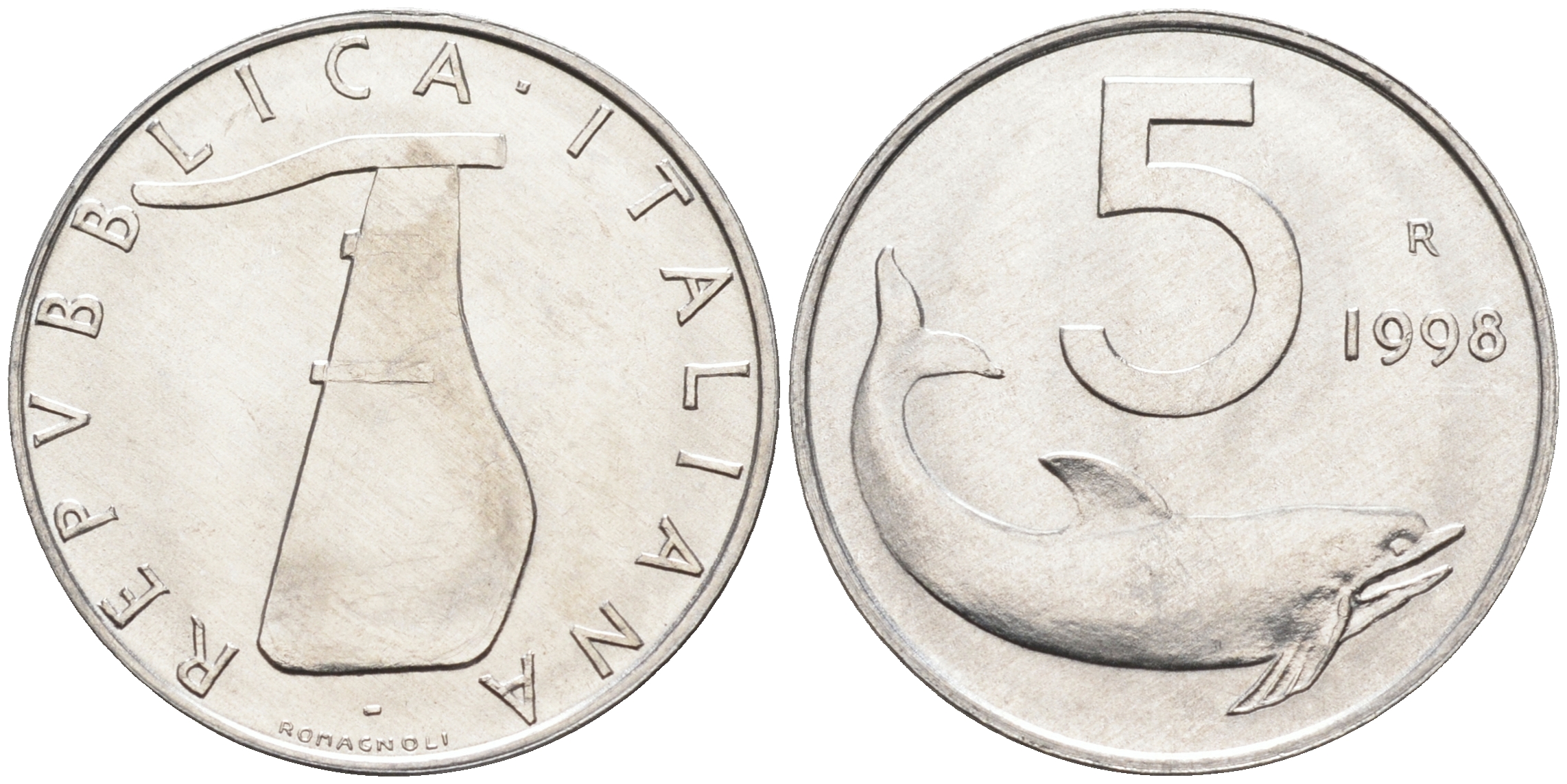 Италия 5 лир 1998 R, дельфин KM 92 алюминий  UNC  4594-953
