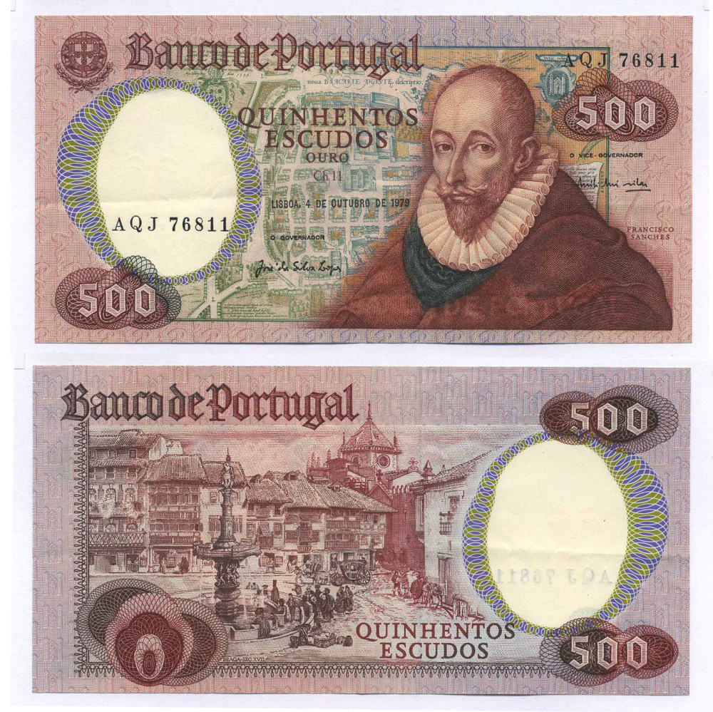 ПОРТУГАЛИЯ 500 ЭСКУДО 1979 (1982) 4 ОКТЯБРЯ 1979, ФРАНЦИСКО САНЧЕС, СТАРЫЕ УЛИЦЫ БРАГИ Pick 177 бумага 8595-20-2-2
