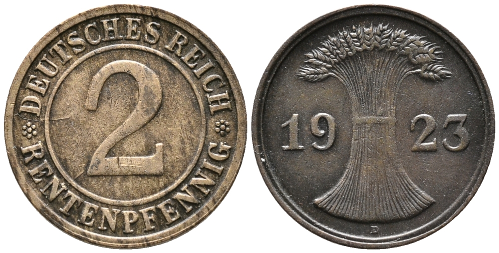 ГЕРМАНИЯ 2 РЕНТЕНПФЕННИГА 1923 D KM 31, J. 307 бронза 24-712