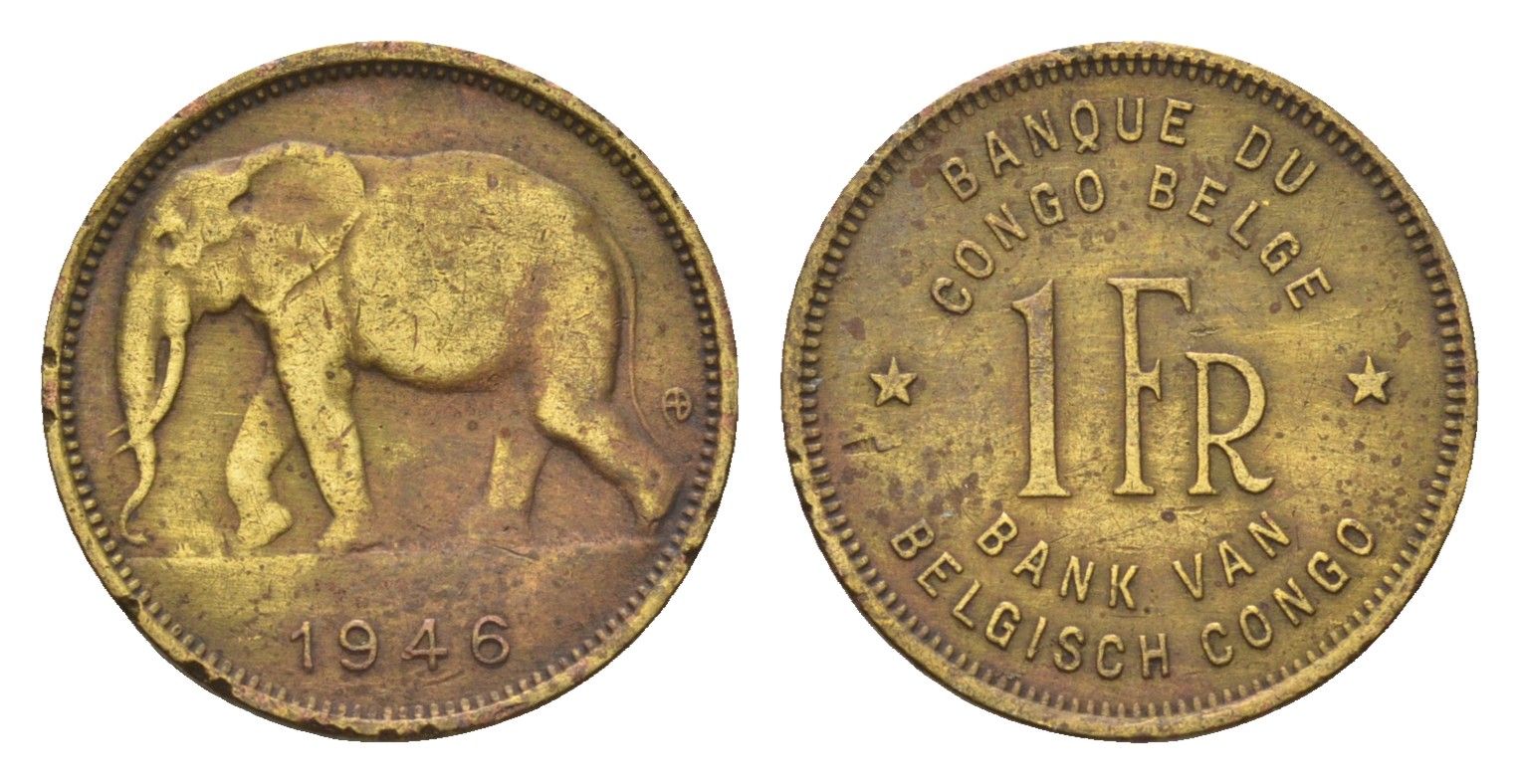 Бельгийское Конго 1 франк 1946 слон, Леопольд III KM 26 латунь 4669-418