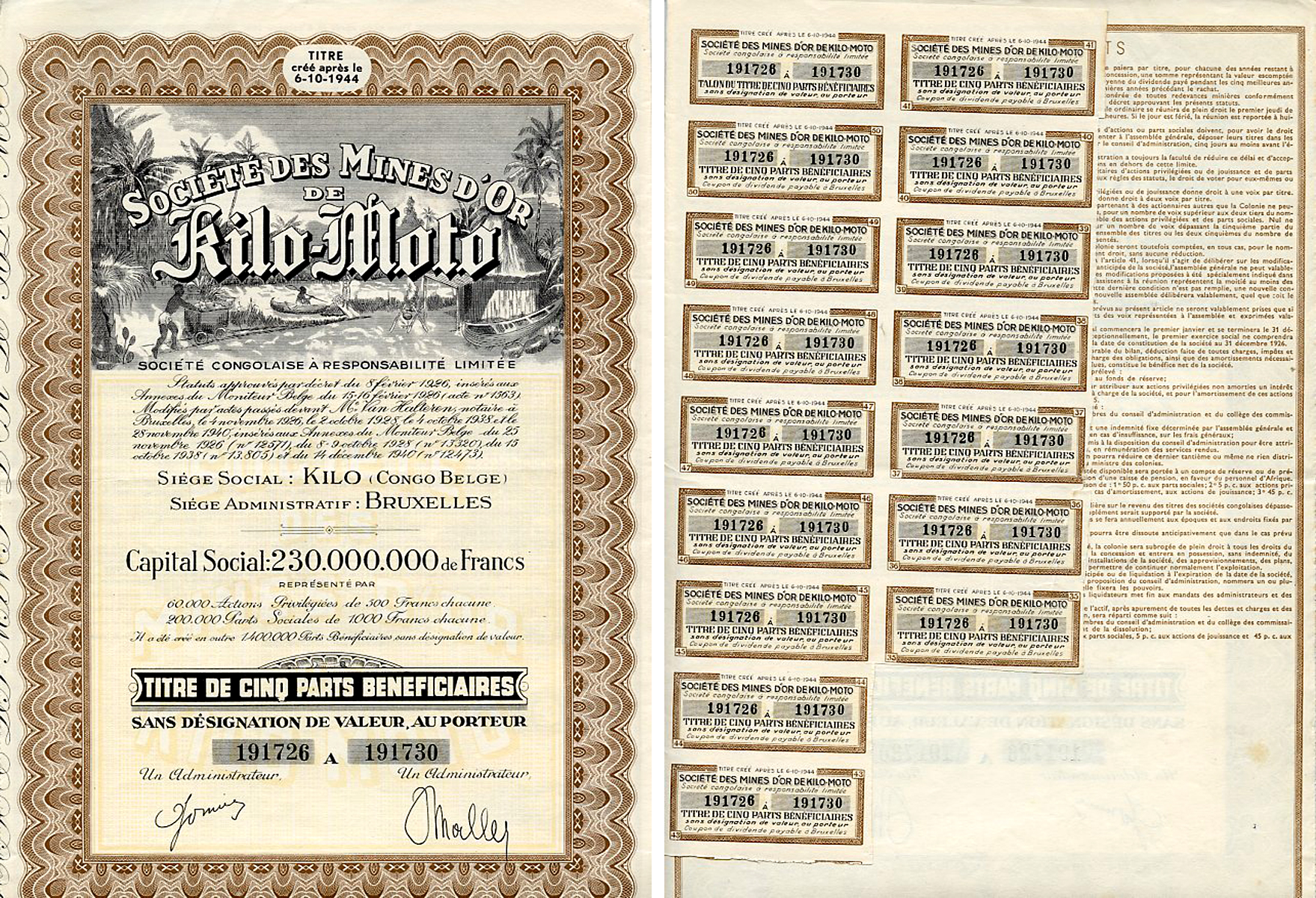 Бельгийское Конго 5 паев 1926 Акционерное Общество "Золотые Рудники Кило-Мото", Брюссель. Неполный купонный лист.  бумага    5547-43-1-2