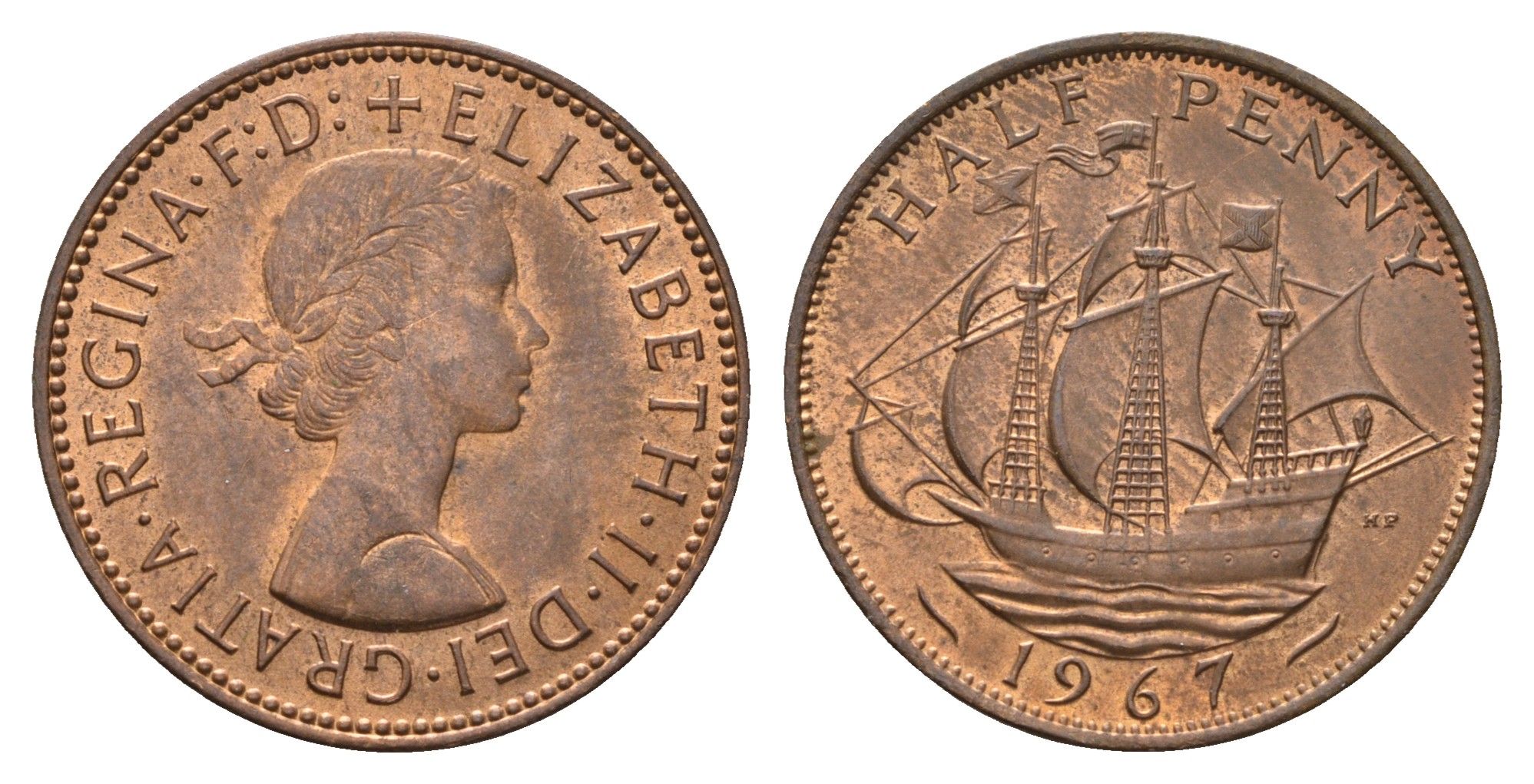 Великобритания 1/2 пенни 1967 Елизавета II (1952-2022) KM 896, Spink 4158 бронза 92-831
