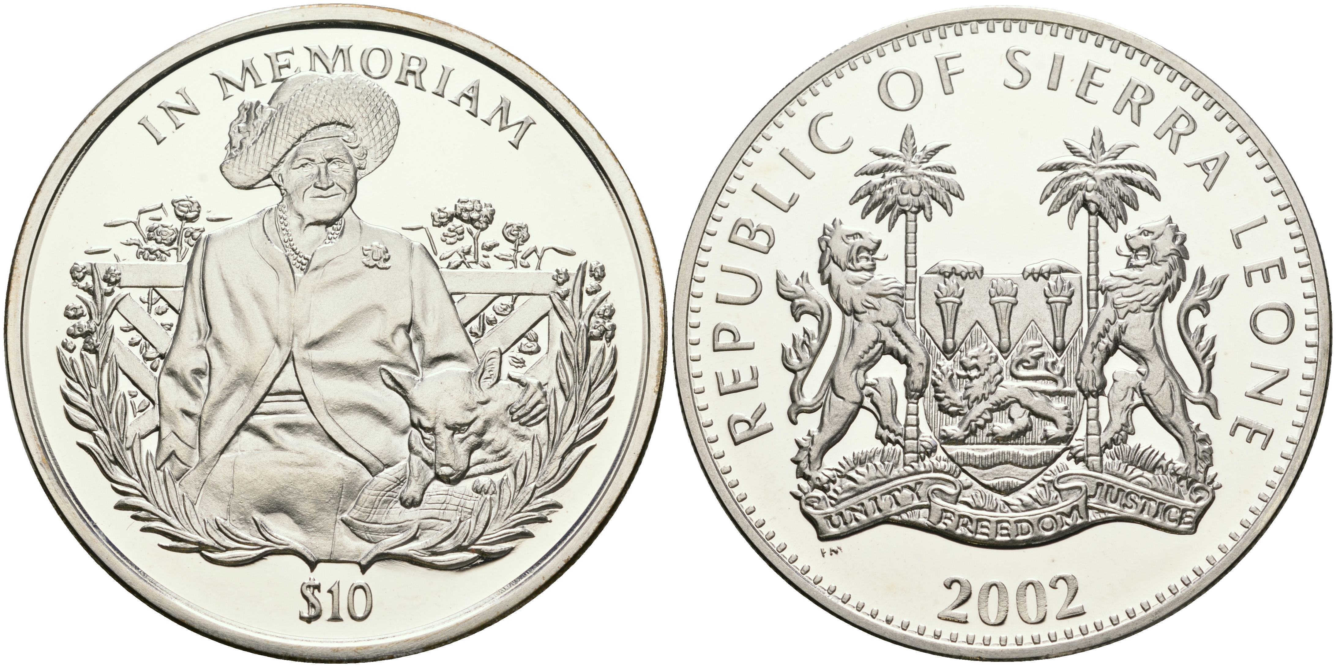 Сьерра-Леоне 10 долларов 2002 PM, королева-мать с собакой KM 277 серебро PROOF 00-00