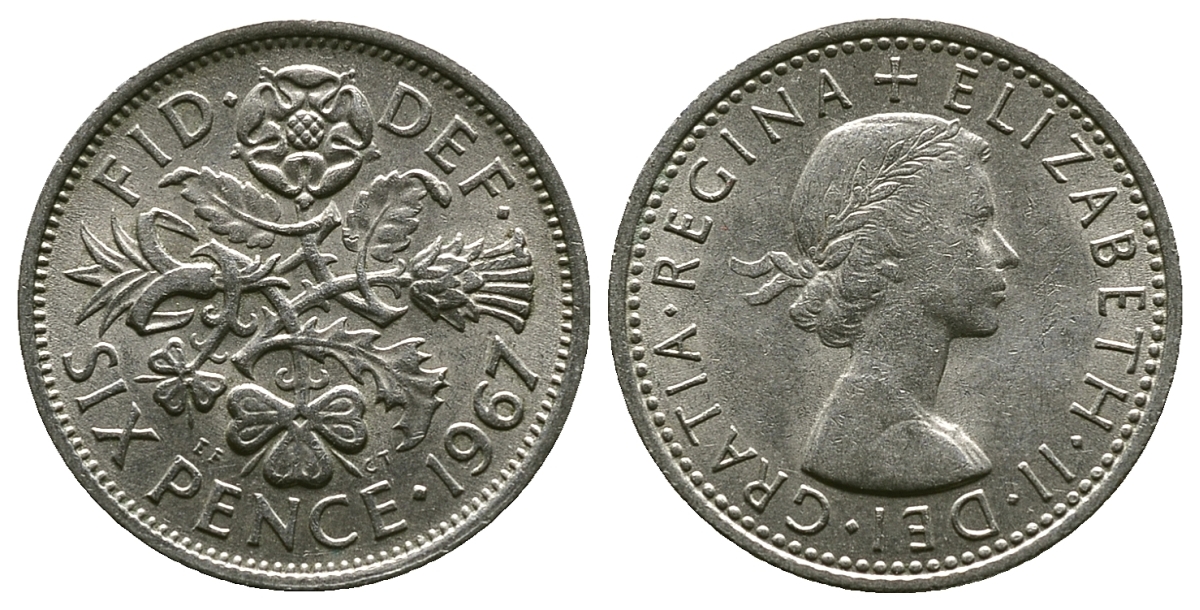 Великобритания 6 пенсов 1967 Елизавета II (1952-2022) KM 903, Spink 4149 медно-никель 4381-857