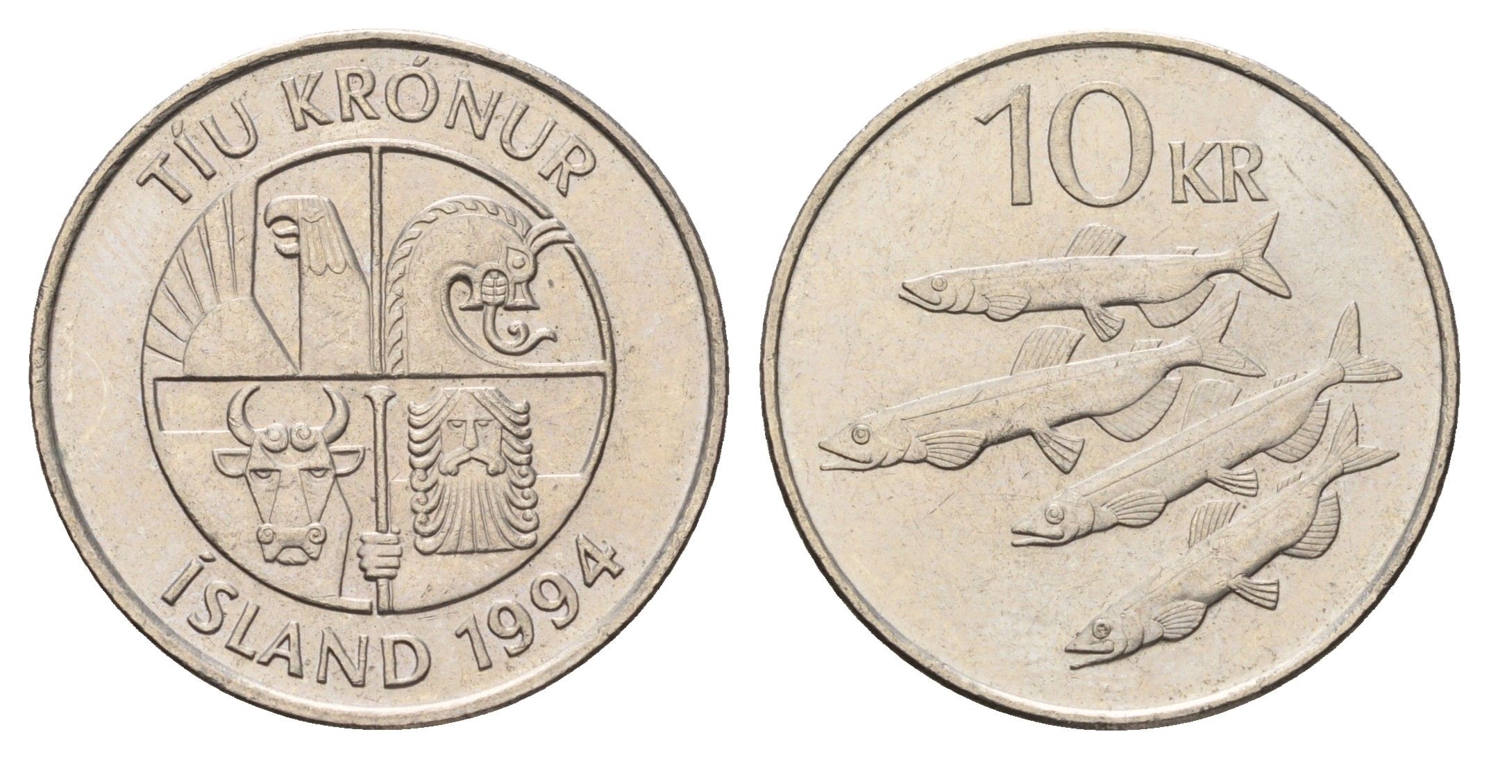 Исландия 10 крон 1994 рыбы KM 29.1 медно-никель 4691-241