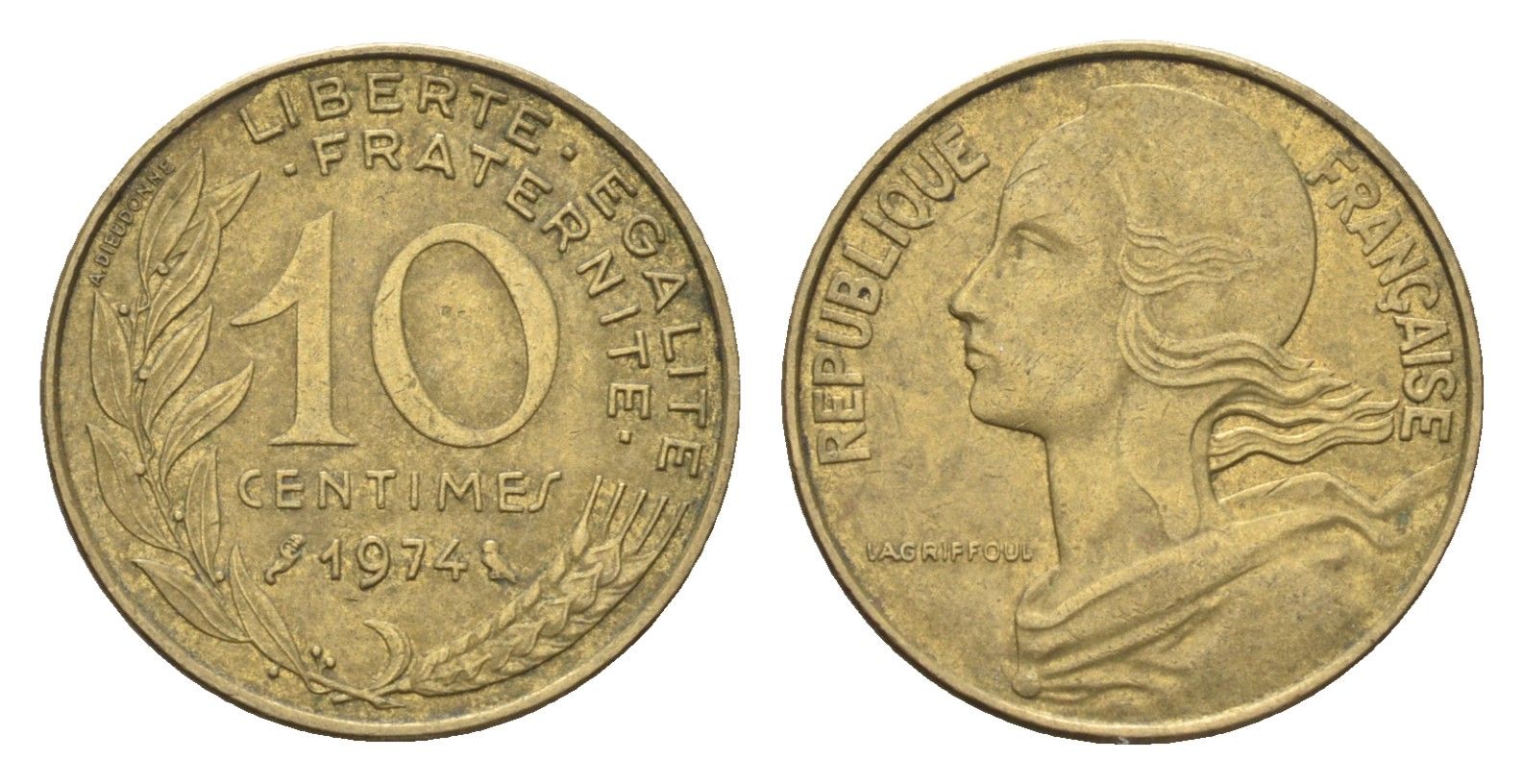 Франция 10 сантимов 1974 KM 929 алюминиевая бронза 4702-1267
