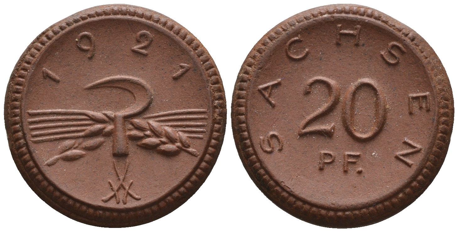 Саксония 20 пфеннигов 1921 колосья и серп J. N 53 фарфор UNC 1094-7-83