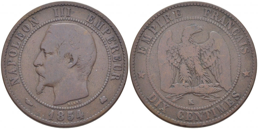 ФРАНЦИЯ 10 САНТИМОВ 1854 K, НАПОЛЕОН III (1852-1870) KM 771.5 бронза 114-1233