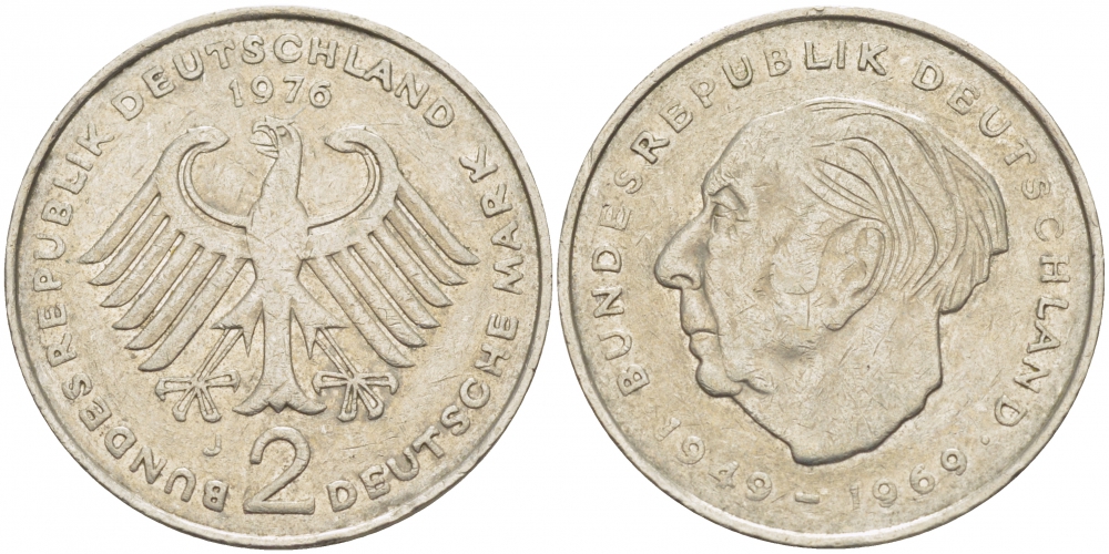 ФРГ 2 МАРКИ 1976 J, ТЕОДОР ХОЙС KM 127, J. 407 медно-никель плакированный никелем 3718-1012