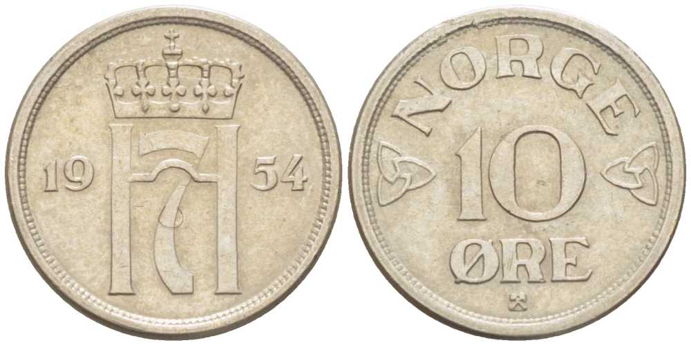 НОРВЕГИЯ 10 ЭРЕ 1954 ХАКОН VII (1905-1957) KM 396 медно-никель 211-1211