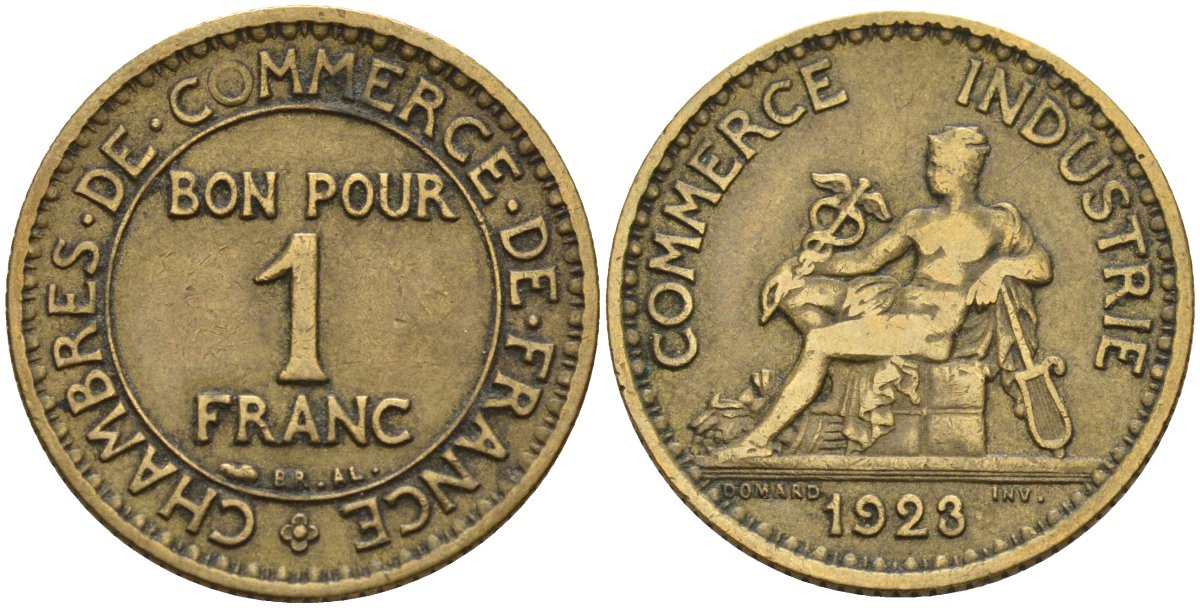 Франция 1 франк 1923 KM 876, Le Franc 218.5 алюминиевая бронза 4142-726