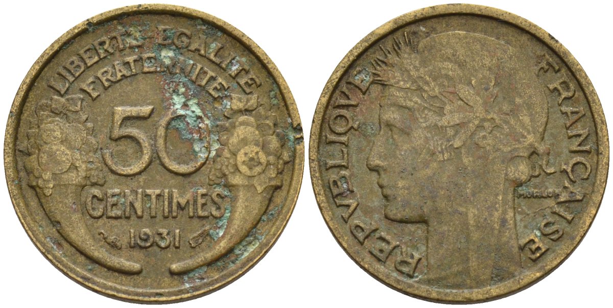 Франция 50 сантимов 1931 KM 894.1, Le Franc 192.15 алюминиевая бронза 4596-731