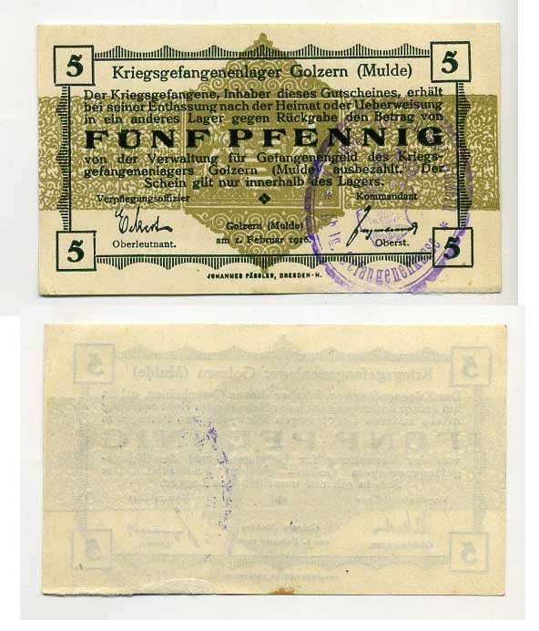 Германия 5 пфеннигов 1916 Голцерн (Мюльде), лагерь военнопленных C-3012 бумага aUNC 7555-50-4-1