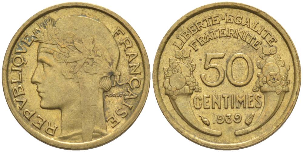 ФРАНЦИЯ 50 САНТИМОВ 1939 ТИП MORLON KM 894.1, LE FRANC 192.15 алюминиевая бронза 44-863