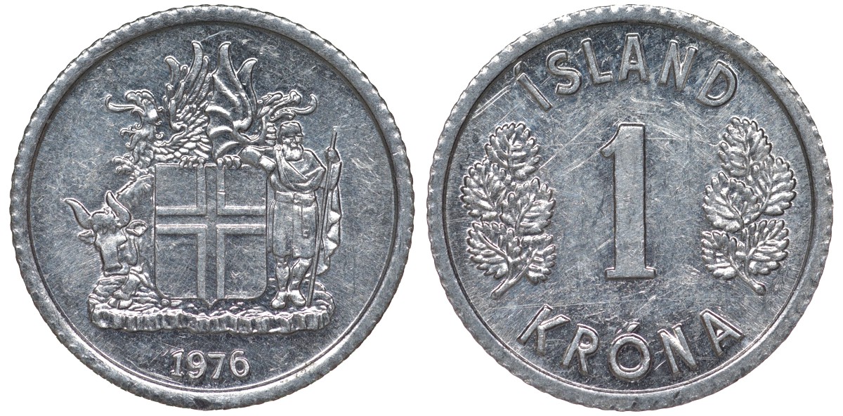 Исландия 1 крона 1976 KM 23 алюминий 4124-269