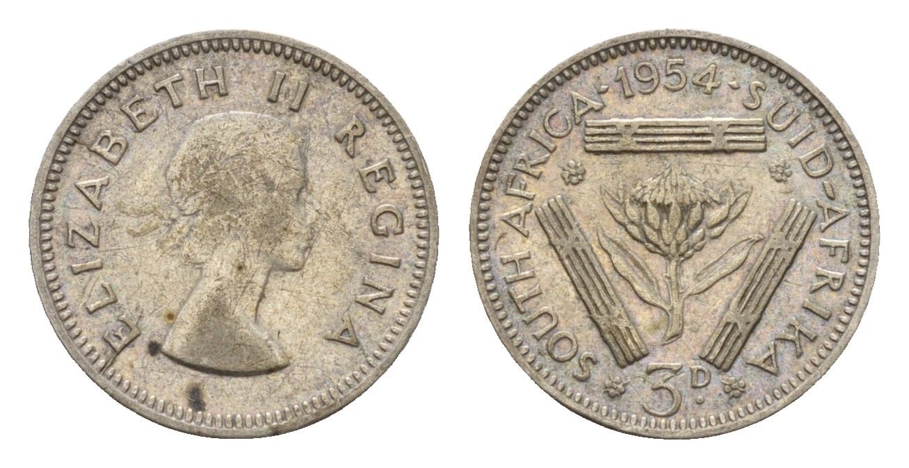 ЮАР 3 пенса 1954 Елизавета II (1952-2022) KM 47 серебро 4547-421