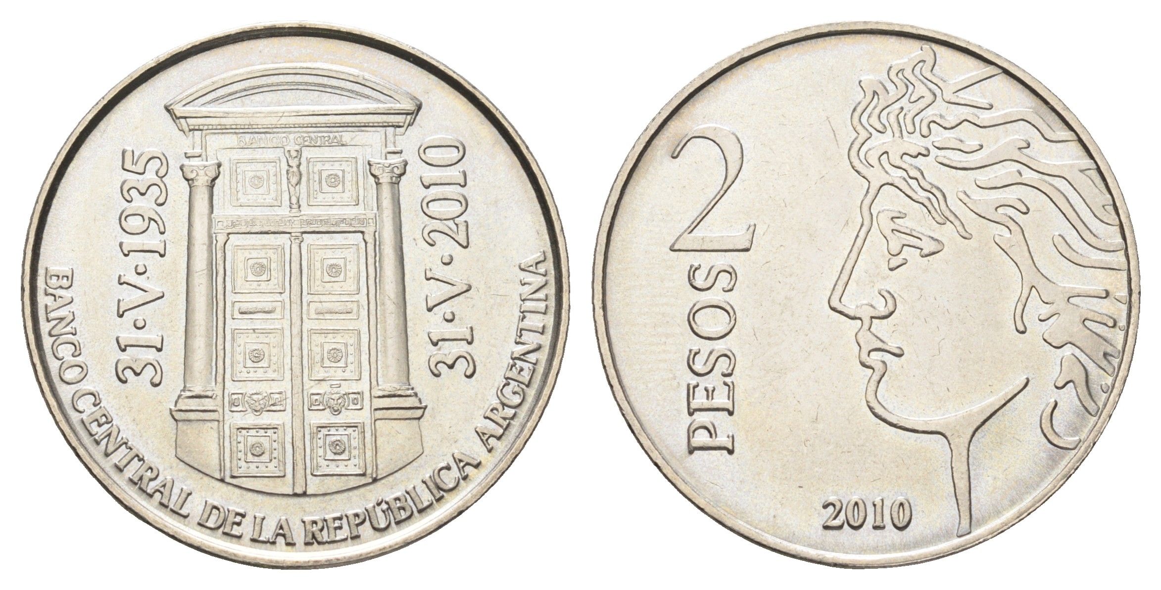 Аргентина 2 песо 2010 75 лет Центральному банку Аргентины KM 162 медно-никель BU 4661-245