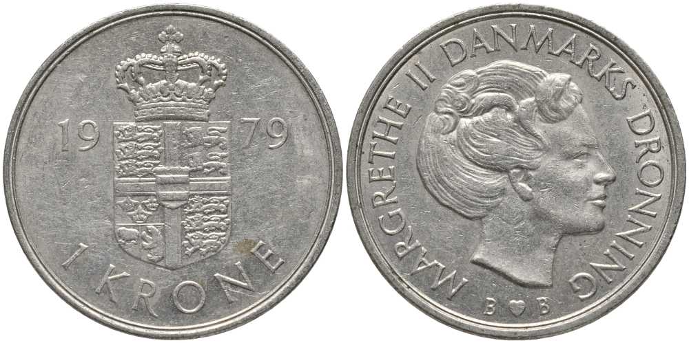 Дания 1 крона 1979 S; B, Маргрете II (1972-) KM 862.1 медно-никель 113-913