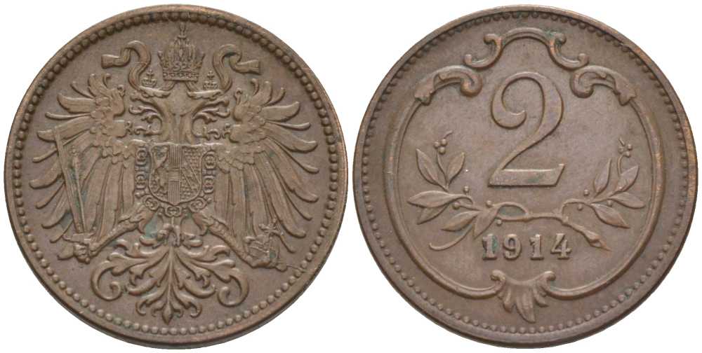 АВСТРИЯ 2 ГЕЛЛЕРА 1914 ФРАНЦ ИОСИФ (1846-1918) KM 2801 бронза 201-959