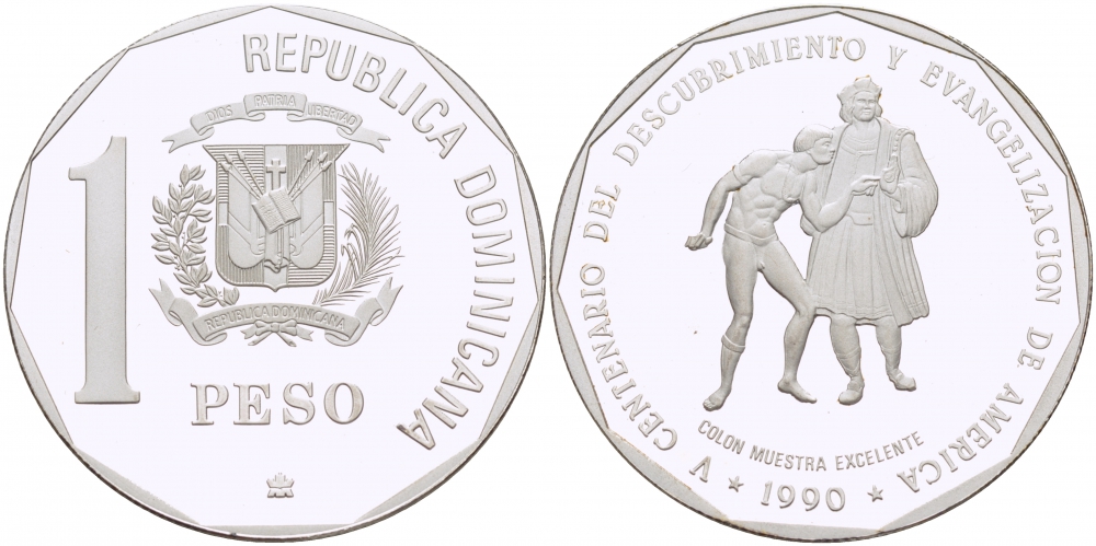 Доминиканская республика 1 песо 1990 500 лет открытия Америки, евангелисты KM 77а серебро PROOF 1068-2-12