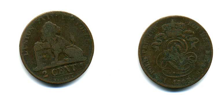 БЕЛЬГИЯ 2 САНТИМА 1863 BELGES KM 4.2 медь 57-516