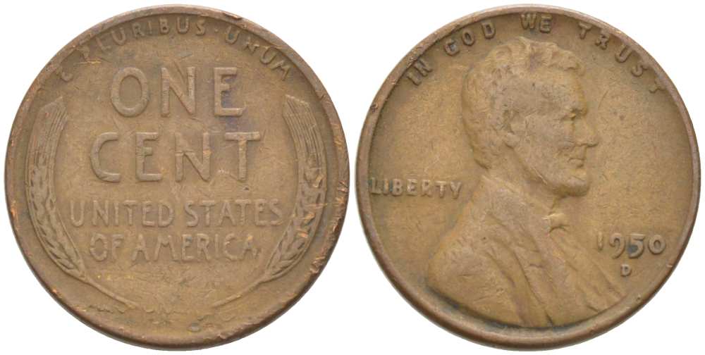 США 1 ЦЕНТ 1950 D, ЛИНКОЛЬН KM А132 медь цинк 218-539