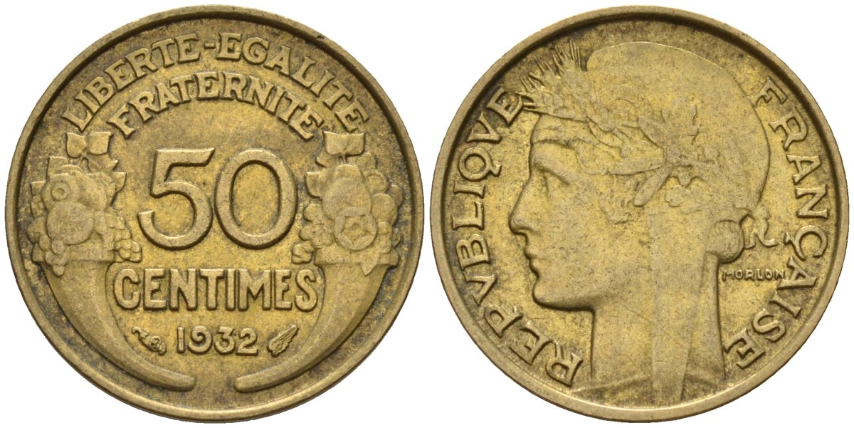 Франция 50 сантимов 1932 KM 894.1, Le Franc 192.15 алюминиевая бронза 4596-761
