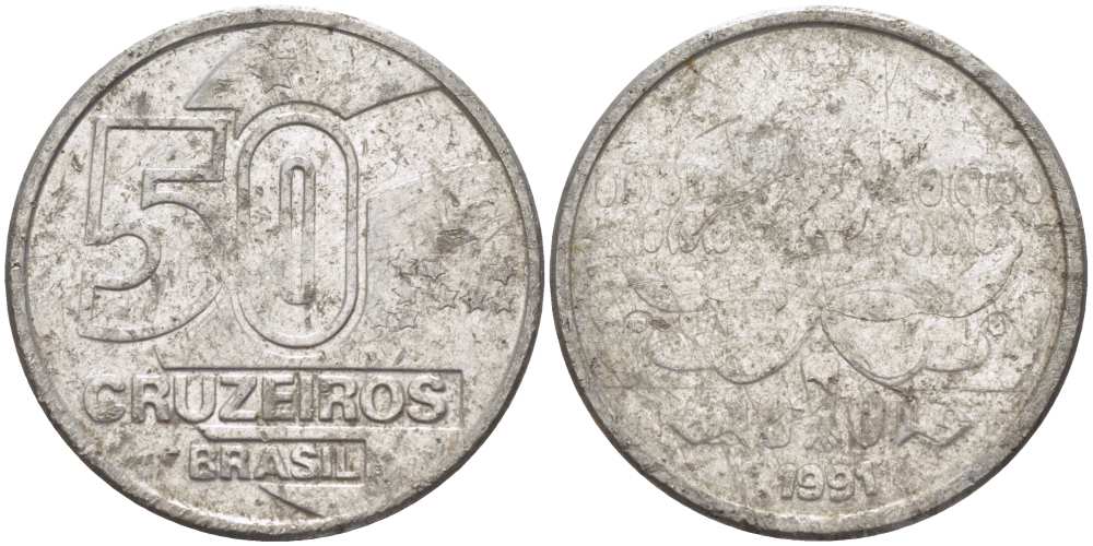 Бразилия 50 крузейро 1991 KM 620.2 нержавеющая сталь 4364-1852
