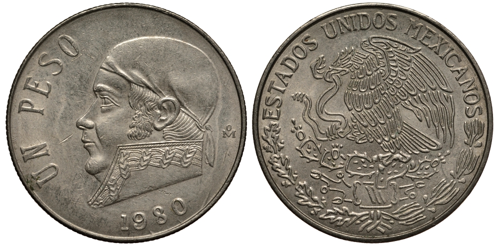 Мексика 1 песо 1980 Хосе Мария Морелос, закрытая 8 KM 460 медно-никель VF+ 215-925