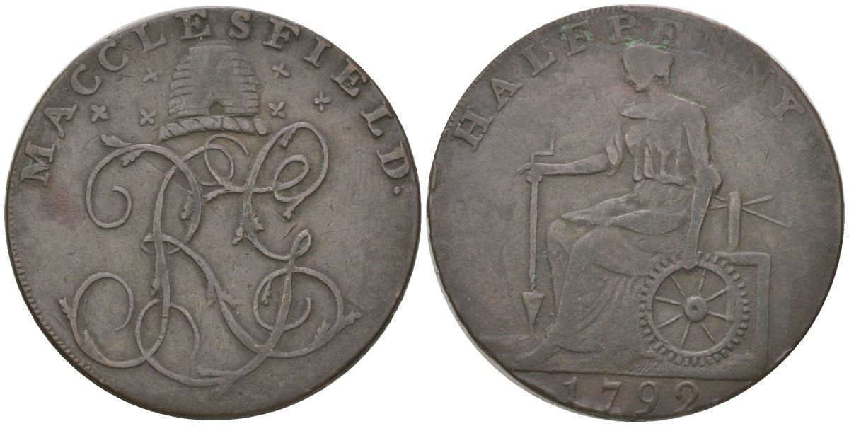 Великобритания, Макклсфилд 1/2 пенни 1792 герб в виде улья и пчел, гурт надпись Dalton Hammer 72 медь 1523-222