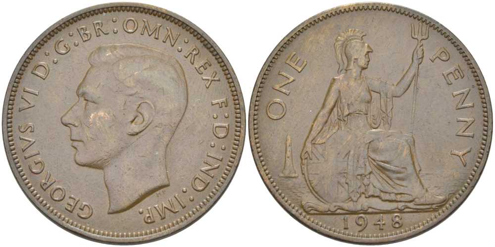 Великобритания 1 пенни 1948 Георг VI (1936-1952) KM 845, Spink 4114 бронза 180-131