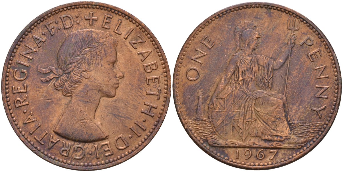 Великобритания 1 пенни 1967 Елизавета II (1952-2022) KM 897, Spink 4157 бронза 4140-136