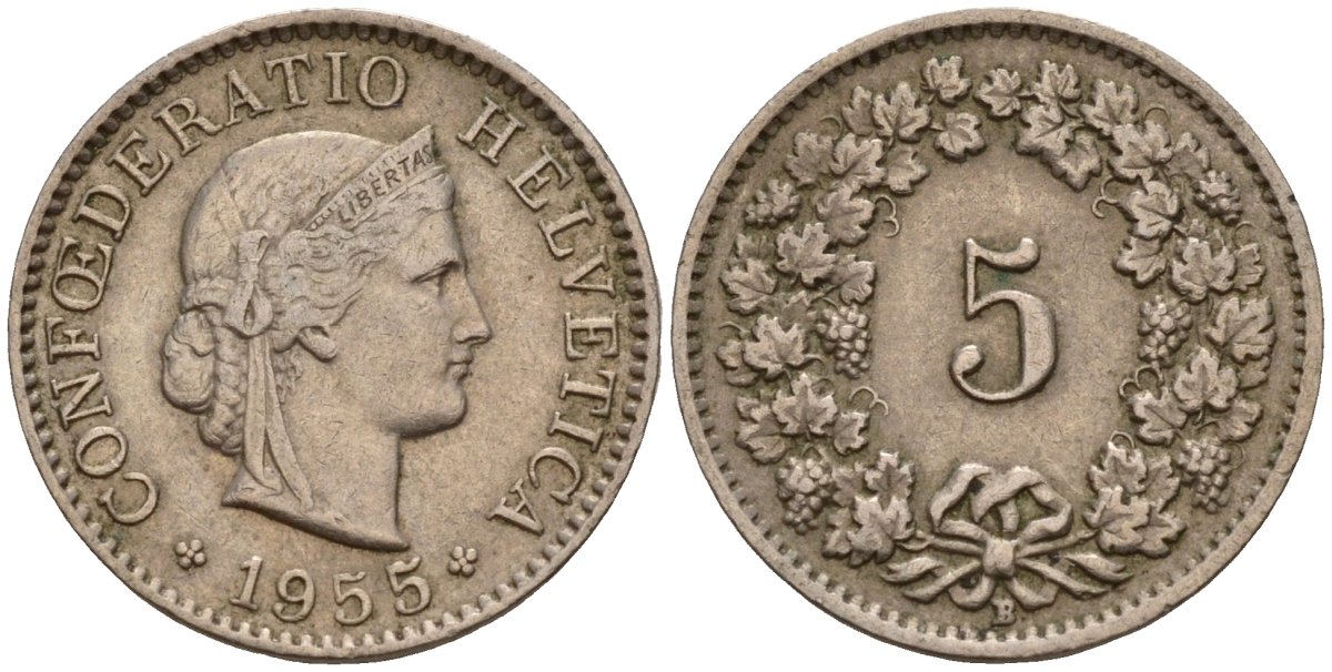 Швейцария 5 раппенов 1955 B KM 26 медно-никель 4189-328