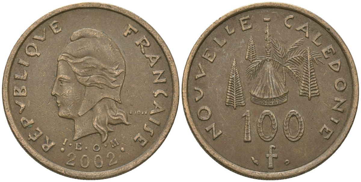 Французская Новая Каледония 100 франков 2002 хижина среди сосен и пальм, (IEOM) KM 15, Schoen 16, Lec 139f никель бронза 109-441
