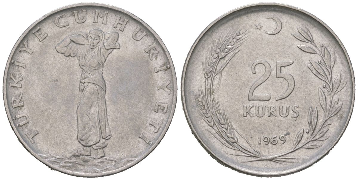 Турция 25 курушей 1969 KM 892.3 нержавеющая сталь 4616-1254
