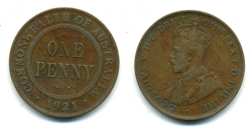 АВСТРАЛИЯ 1 ПЕННИ 1921 ГЕОРГ V KM 23 бронза 7-5-25-34