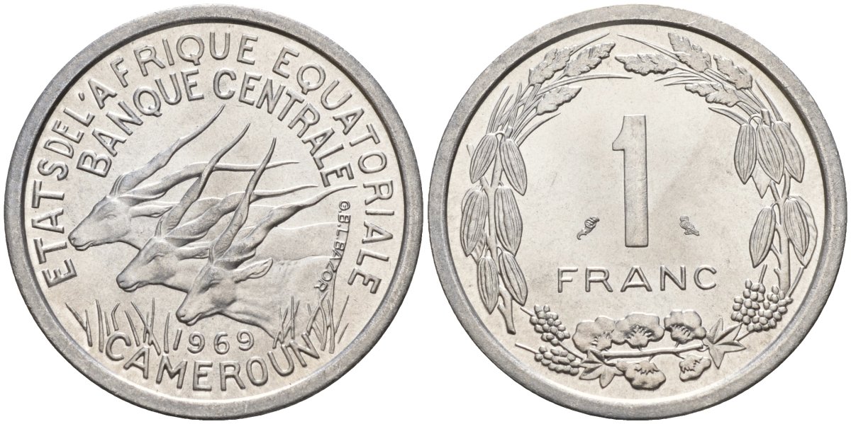 Экваториальные Африканские штаты, Камерун 1 франк 1969 антилопы KM 6 алюминий UNC 4142-531