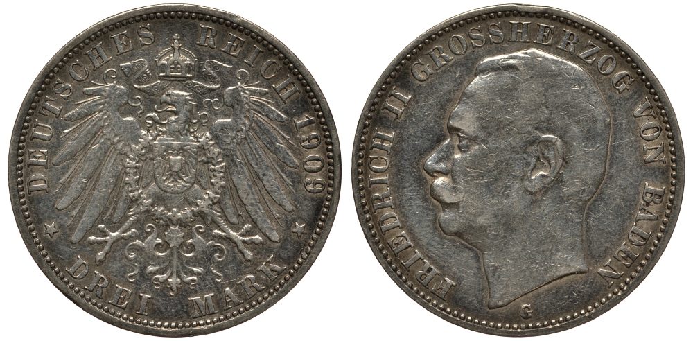 Баден 3 марки 1909 Фридрих II (1907-1918) J. 39, KM 280 серебро    3711-1631